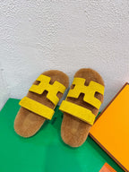 HERMES Chypre Sandal Gold shearling insole Yellow Velvet leather lining