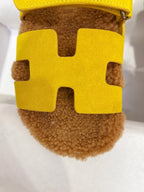 HERMES Chypre Sandal Gold shearling insole Yellow Velvet leather lining