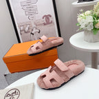 HERMES Chypre Sandal Pink shearling insole Pink Velvet leather lining