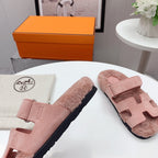 HERMES Chypre Sandal Pink shearling insole Pink Velvet leather lining