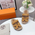 HERMES Chypre Sandal Beige shearling insole Light Brown Velvet leather lining